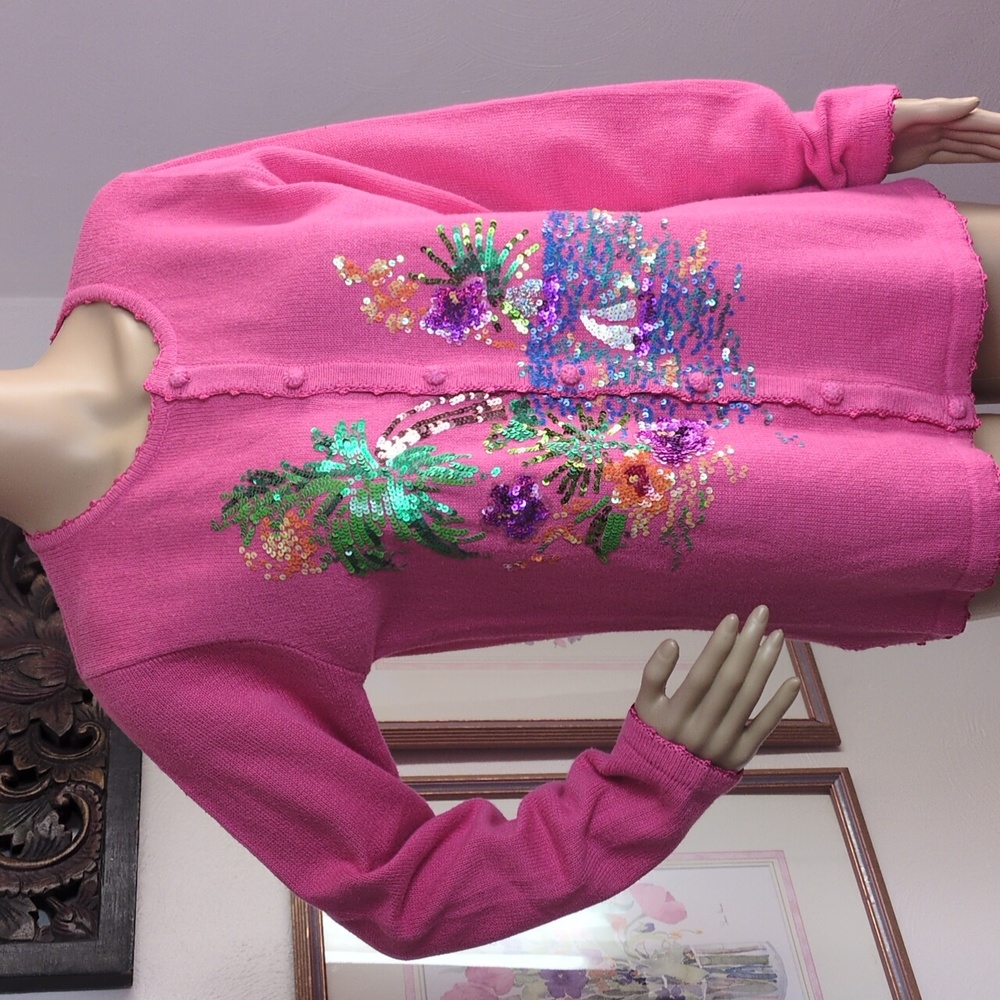 Quaker Factory Pink Sweater with Sequin Tropical Details Small
